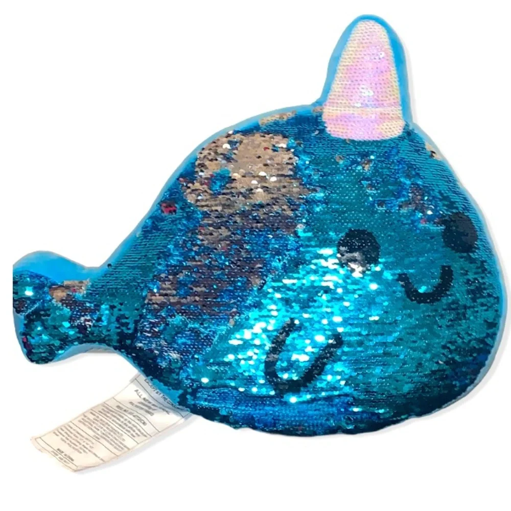 Justice Narwhal Reversible Sequin Flip Blue Silver Unicorn Fish Pillow Kawaii